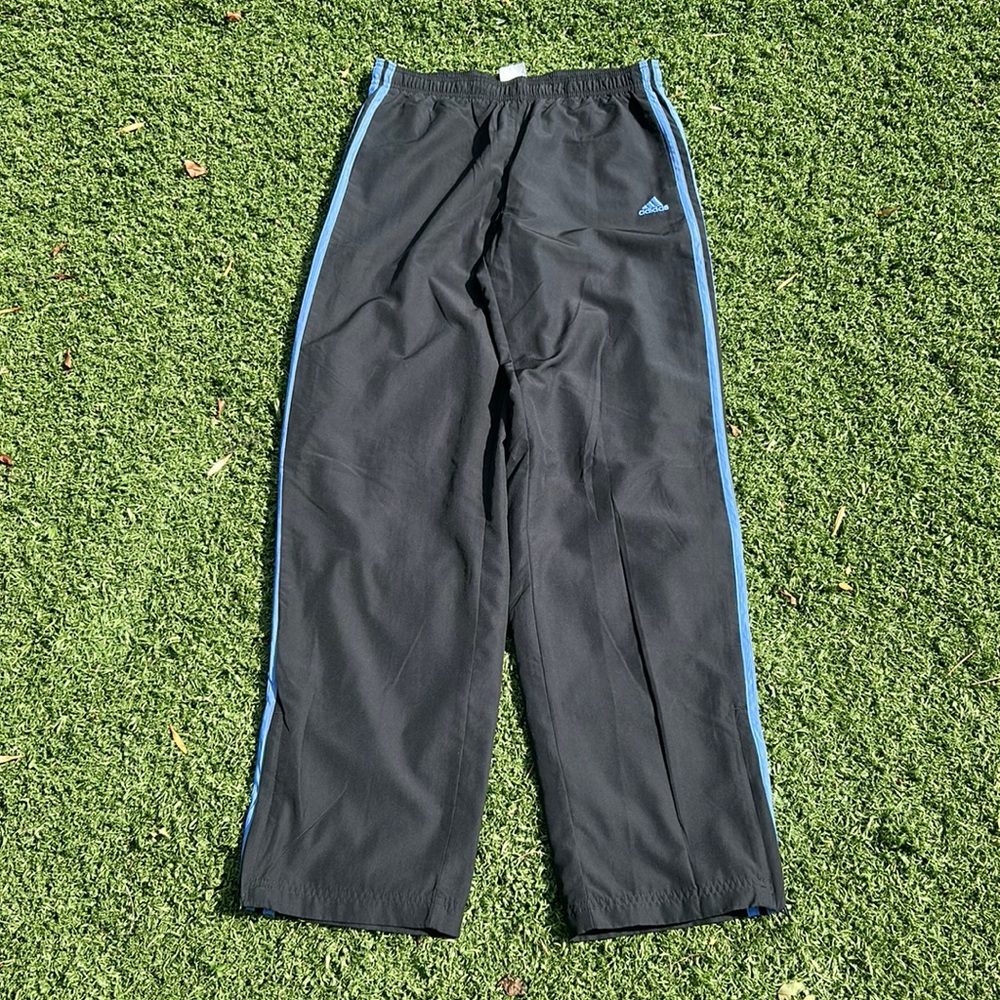 NWOT Adidas Black w/ Periwinkle Blue Triple Stripes Windbreaker Track Pants Sz 8